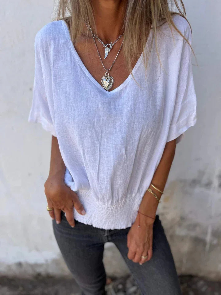 Casual Women's V-neck top in cotton and linen - Klasseva USA