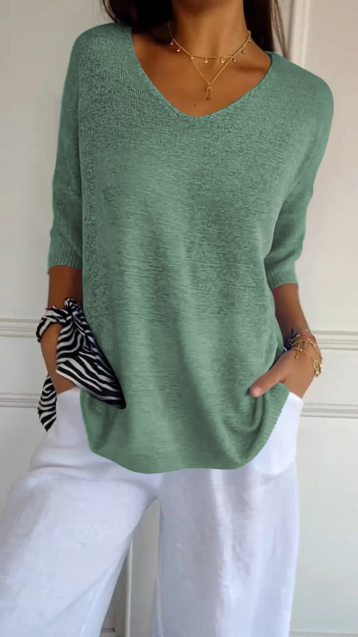 Solid color knit top with V-neckline - Klasseva USA