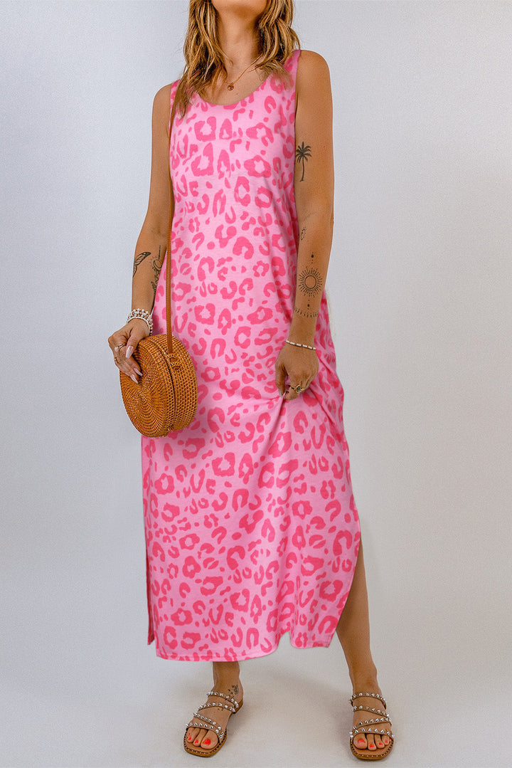 Sleeveless Maxi Dress - Neon Pink Leopard - Klasseva USA