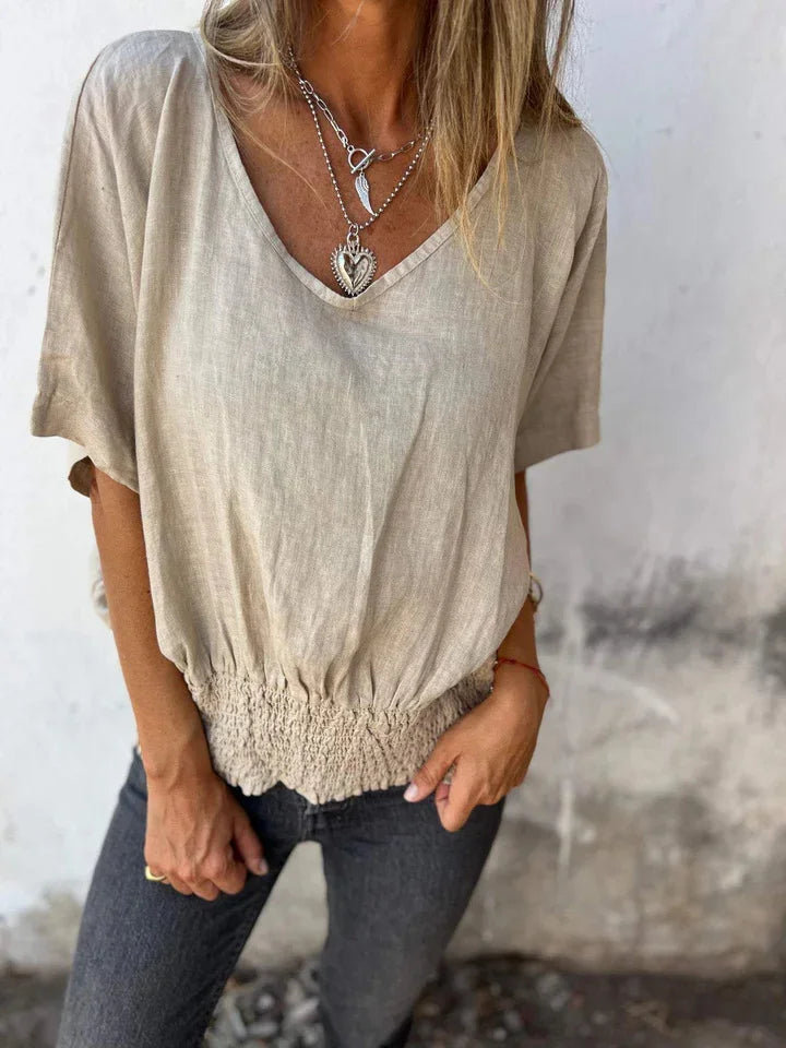 Casual Women's V-neck top in cotton and linen - Klasseva USA