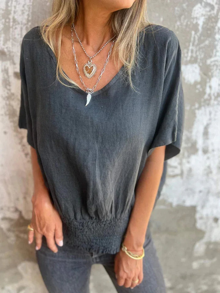 Casual Women's V-neck top in cotton and linen - Klasseva USA