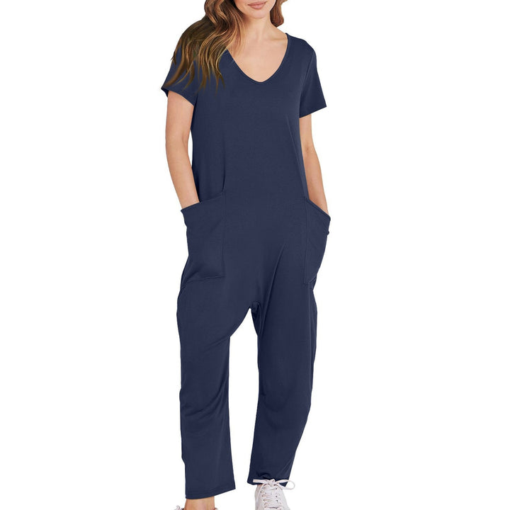 Casual V-neck plain colored jumpsuit - Klasseva USA