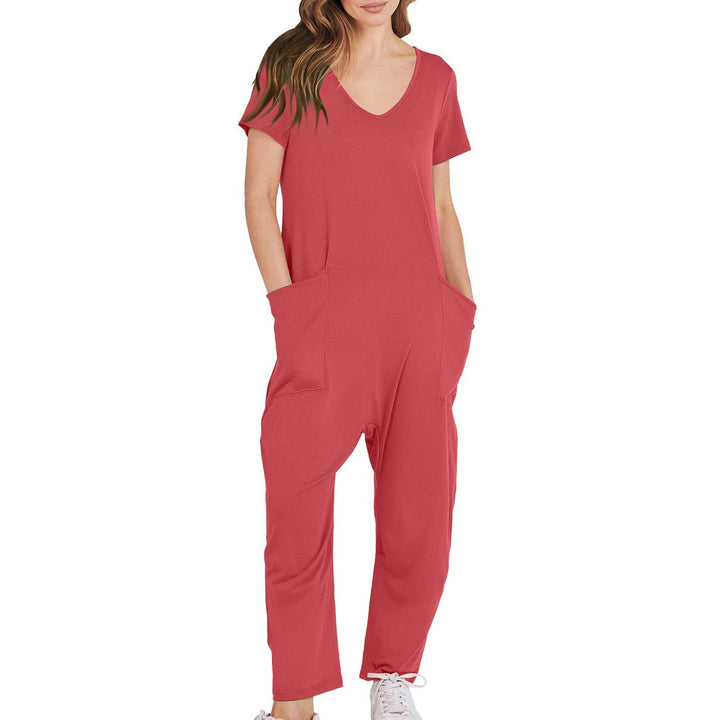 Casual V-neck plain colored jumpsuit - Klasseva USA