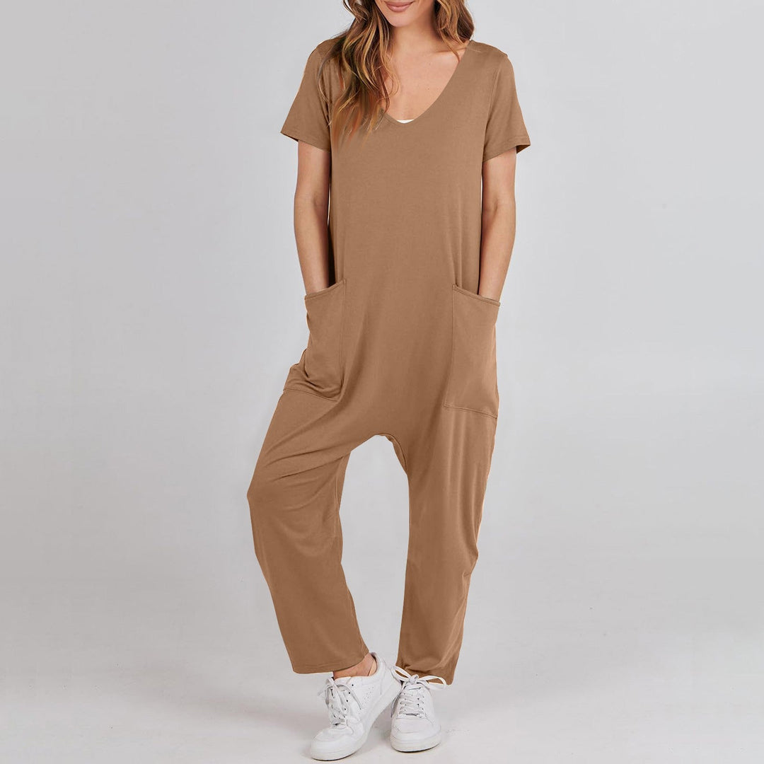 Casual V-neck plain colored jumpsuit - Klasseva USA