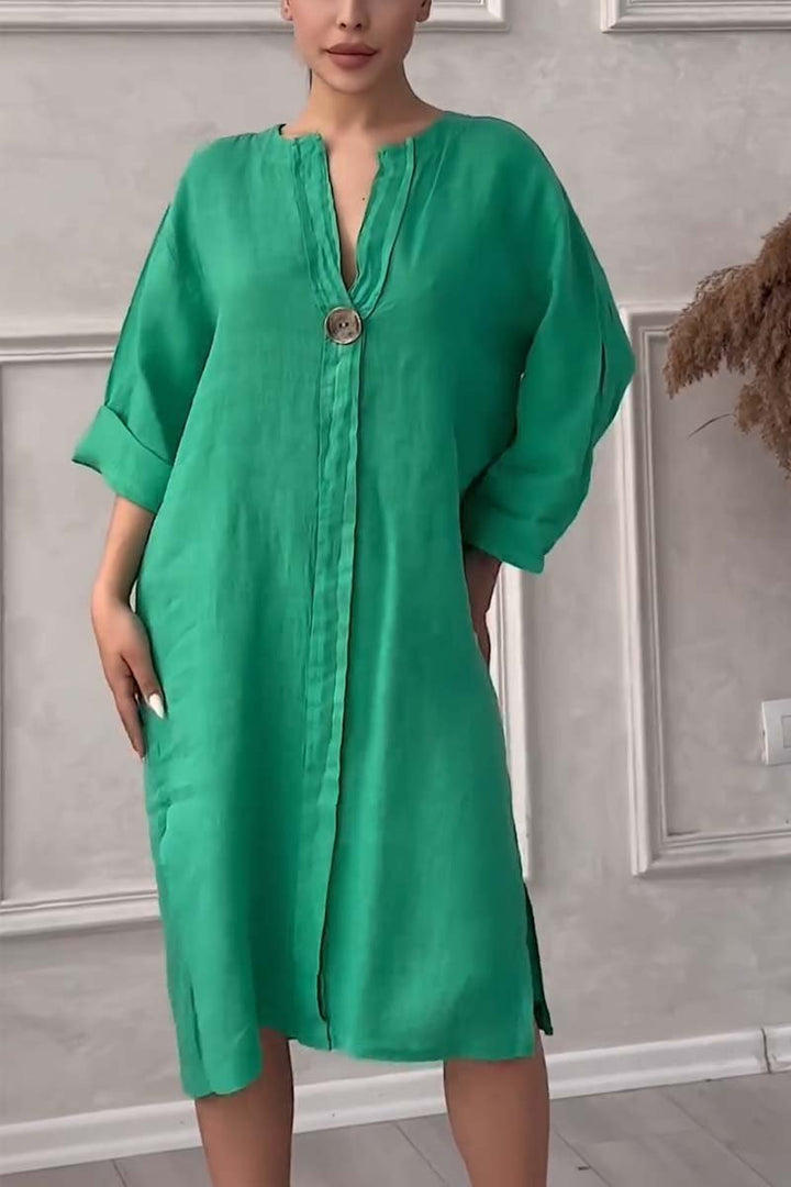 Casual cotton and linen dress with buttons - Klasseva USA