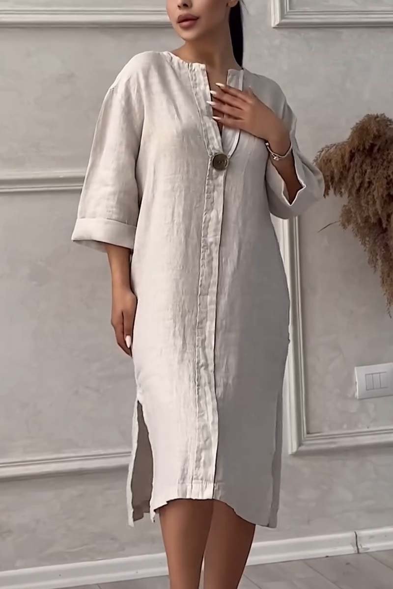 Casual cotton and linen dress with buttons - Klasseva USA