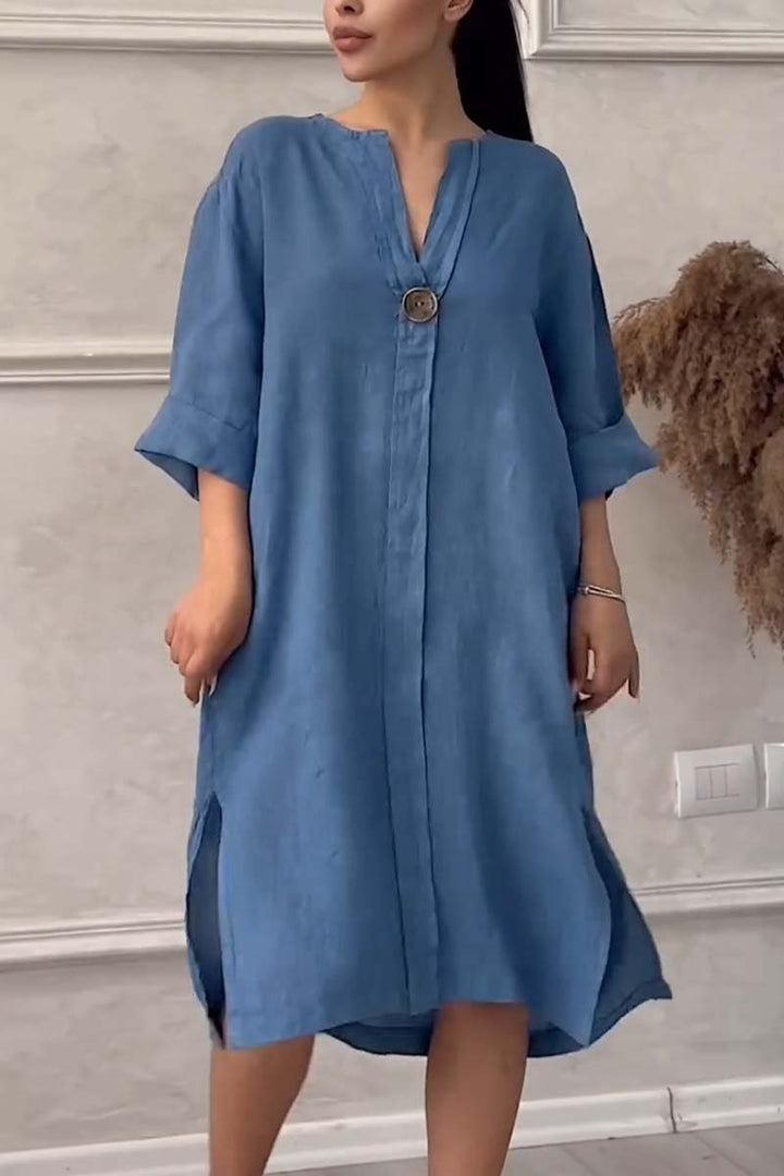 Casual cotton and linen dress with buttons - Klasseva USA