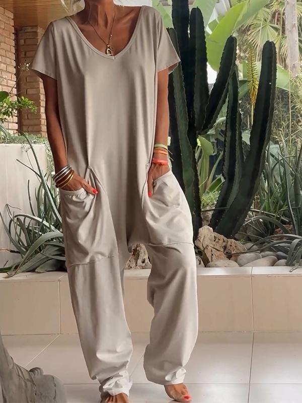 Casual V-neck plain colored jumpsuit - Klasseva USA