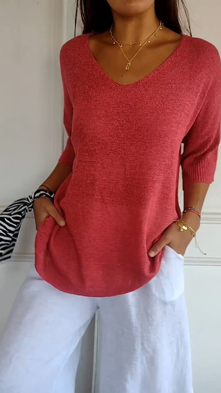 Solid color knit top with V-neckline - Klasseva USA