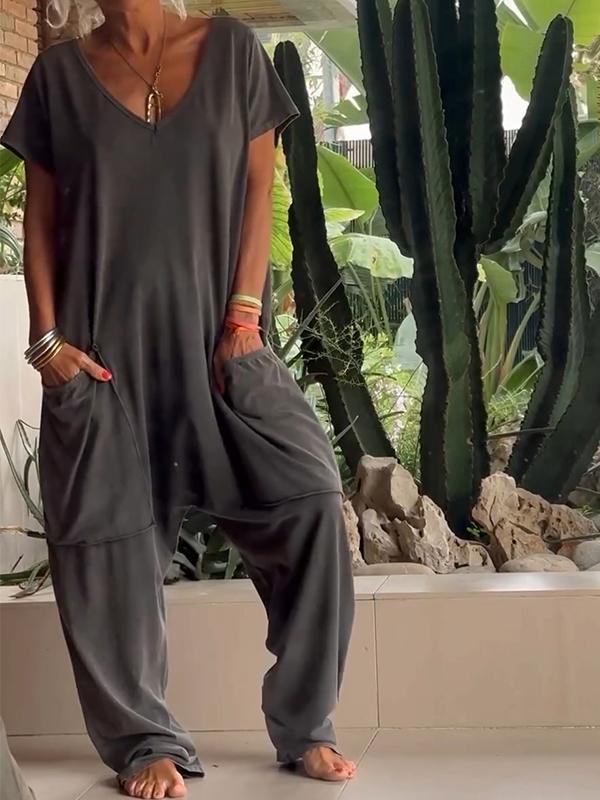 Casual V-neck plain colored jumpsuit - Klasseva USA