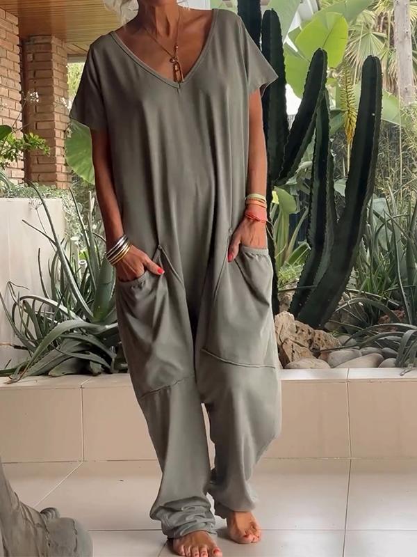 Casual V-neck plain colored jumpsuit - Klasseva USA