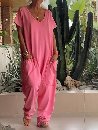 Casual V-neck plain colored jumpsuit - Klasseva USA